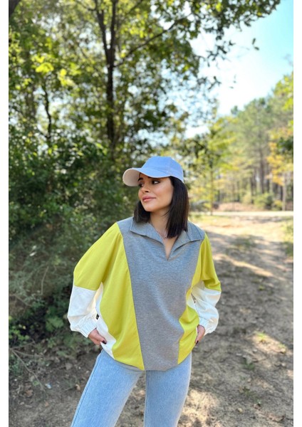 Kadın Gri Polo Yaka Uzun Yarasa Kol Lastikli Manşet Asimetrik Color Block Salaş Sweatshirt Bluz