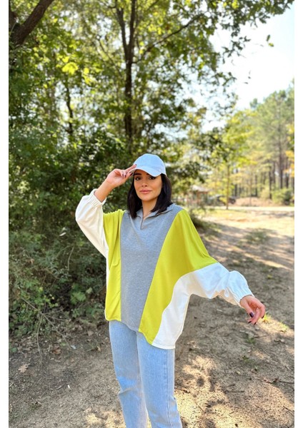 Kadın Gri Polo Yaka Uzun Yarasa Kol Lastikli Manşet Asimetrik Color Block Salaş Sweatshirt Bluz