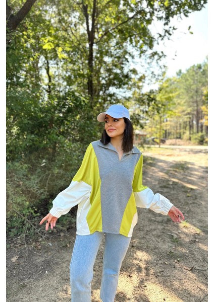 Kadın Gri Polo Yaka Uzun Yarasa Kol Lastikli Manşet Asimetrik Color Block Salaş Sweatshirt Bluz