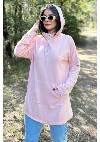 Kadın Pudra Uzun Kol, Yakası Bağcıklı, Kapüşonlu, Kanguru Cep, Salaş, Uzun Tunik Sweatshirt