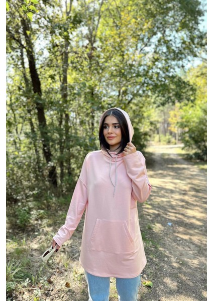 Kadın Pudra Uzun Kol, Yakası Bağcıklı, Kapüşonlu, Kanguru Cep, Salaş, Uzun Tunik Sweatshirt
