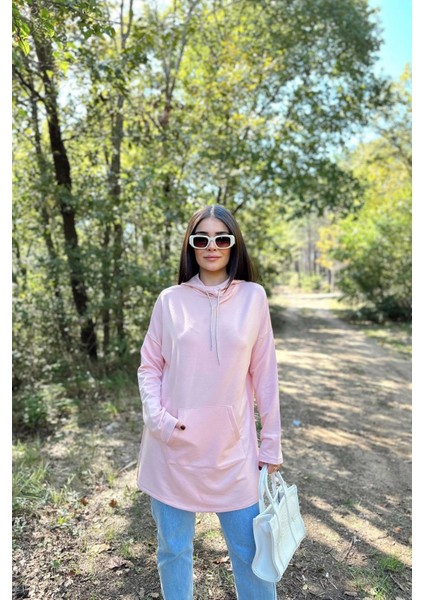 Kadın Pudra Uzun Kol, Yakası Bağcıklı, Kapüşonlu, Kanguru Cep, Salaş, Uzun Tunik Sweatshirt