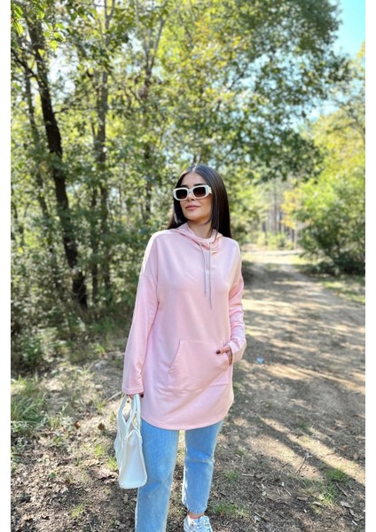 Kadın Pudra Uzun Kol, Yakası Bağcıklı, Kapüşonlu, Kanguru Cep, Salaş, Uzun Tunik Sweatshirt