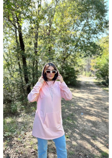 Kadın Pudra Uzun Kol, Yakası Bağcıklı, Kapüşonlu, Kanguru Cep, Salaş, Uzun Tunik Sweatshirt