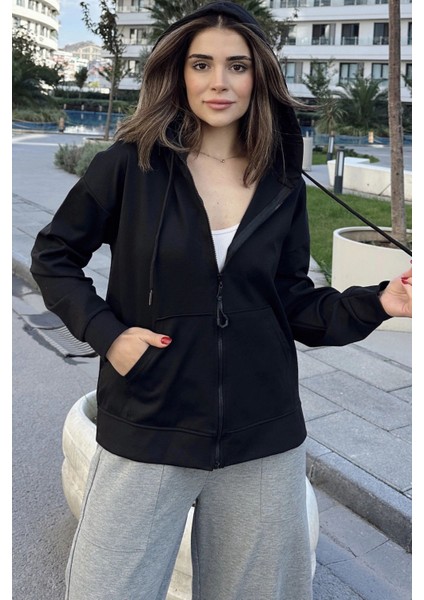 Kadın Siyah Kapüşonlu, Fermuarlı, Cepli, Regular Kesim Sweatshirt