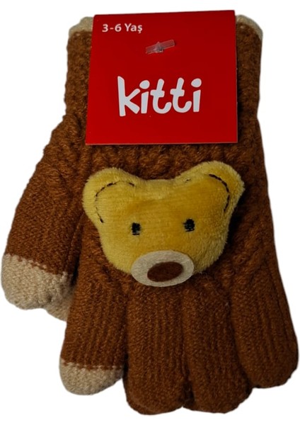 Spteks Kitti 3-6 Yaş Erkek Çocuk Anaokulu Kahverengi Ayıcık Figürlü Kışlık Örme Eldiven