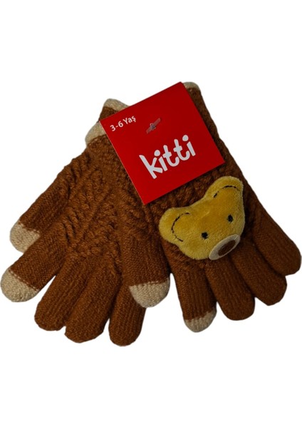 Spteks Kitti 3-6 Yaş Erkek Çocuk Anaokulu Kahverengi Ayıcık Figürlü Kışlık Örme Eldiven