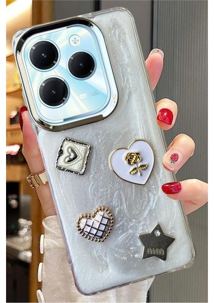 Infinix Hot 40 Uyumlu 3D Taş Kurdele Kelebek Kalp Glitter Işleme Motifli Simli Sert Kapak