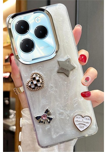 Infinix Hot 40 Uyumlu 3D Taş Kurdele Kelebek Kalp Glitter Işleme Motifli Simli Sert Kapak