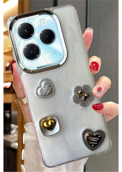 Infinix Hot 40 Uyumlu 3D Taş Kurdele Kelebek Kalp Glitter Işleme Motifli Simli Sert Kapak