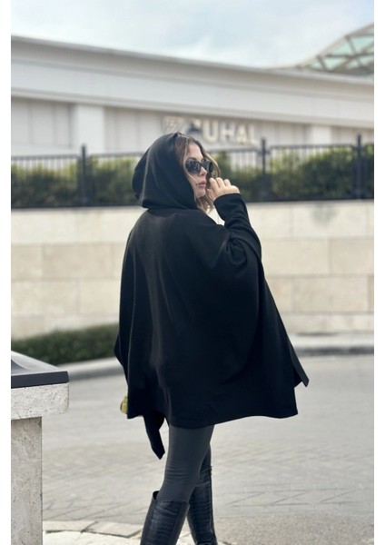 Kadın Siyah Kapüşonlu, Asimetrik Kesim, Akrilik Kumaş, Salaş-Oversize Panço Kazak fırsatları