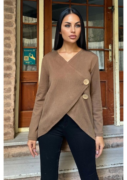 Kahve Asimetrik Kesim, Düğmeli, Salaş Hırka Bluz modelleri