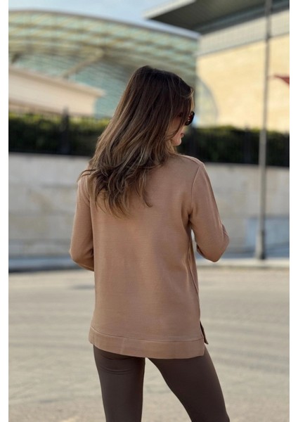 Kadın Camel Bogazlı, Yanları Yırtmaçlı Triko Kazak modelleri