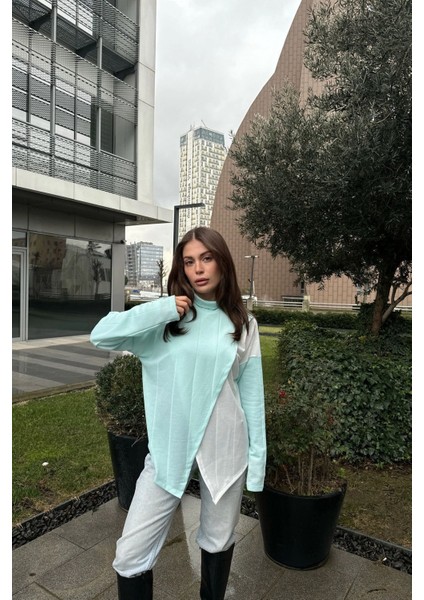 Kadın Mint Asimetrik Kesim, Önü Iki Parçalı, Ince Triko Kumaş, Salaş Bluz Kazak