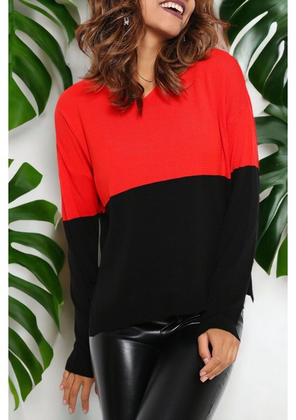 Kadın Kırmızı & Siyah Yuvarlak Yaka Iki Renkli Triko Uzun Kol Düz Kesim Standart Boy Triko Bluz