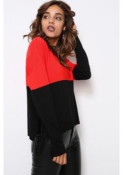 Kadın Kırmızı & Siyah Yuvarlak Yaka Iki Renkli Triko Uzun Kol Düz Kesim Standart Boy Triko Bluz fiyatları