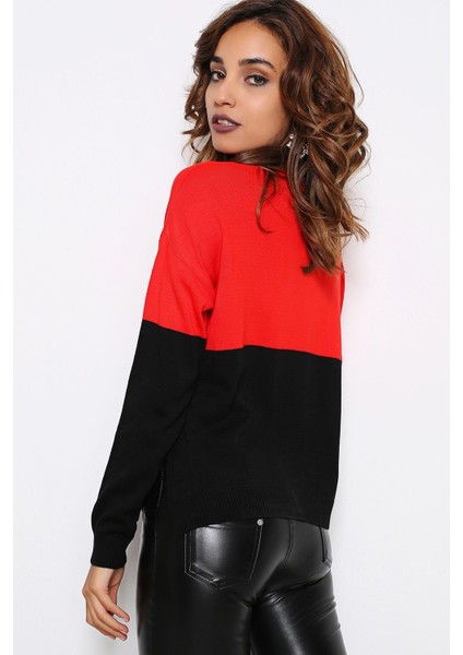 Kadın Kırmızı & Siyah Yuvarlak Yaka Iki Renkli Triko Uzun Kol Düz Kesim Standart Boy Triko Bluz modelleri