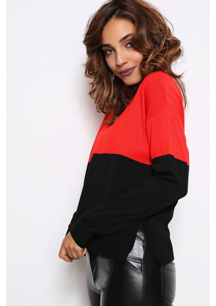 Kadın Kırmızı & Siyah Yuvarlak Yaka Iki Renkli Triko Uzun Kol Düz Kesim Standart Boy Triko Bluz fırsatları