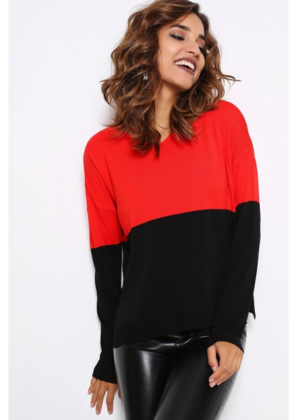 Kadın Kırmızı & Siyah Yuvarlak Yaka Iki Renkli Triko Uzun Kol Düz Kesim Standart Boy Triko Bluz indirimleri