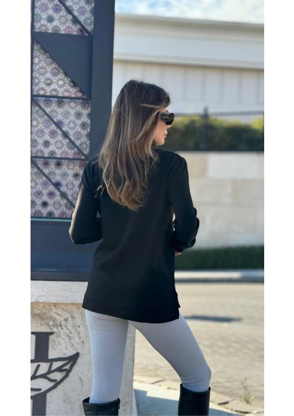 Kadın Siyah Bogazlı, Yanları Yırtmaçlı Triko Kazak fiyatları