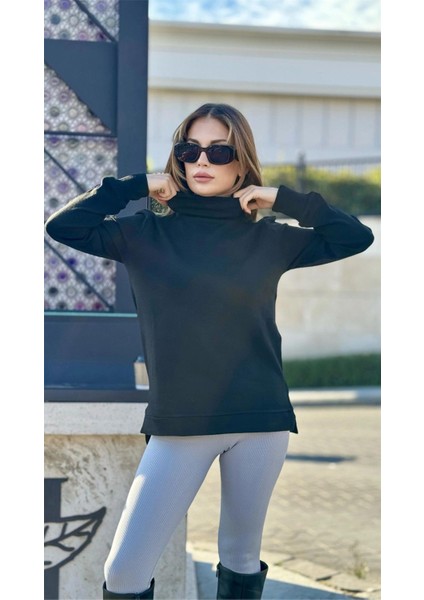 Kadın Siyah Bogazlı, Yanları Yırtmaçlı Triko Kazak modelleri