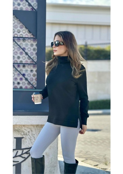 Kadın Siyah Bogazlı, Yanları Yırtmaçlı Triko Kazak fırsatları