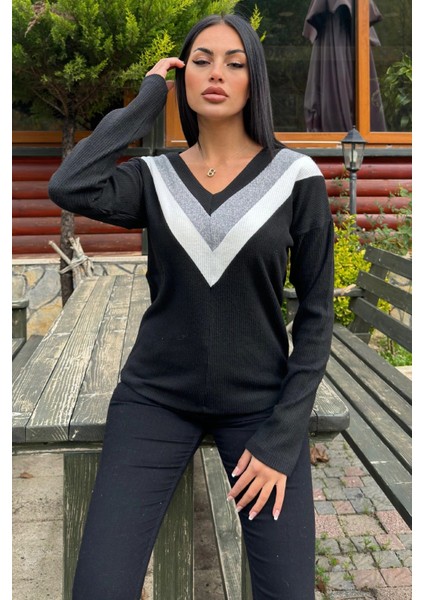 Kadın Siyah Uzun Kollu V Yaka Color Block Pamuklu Bluz Sweatshirt