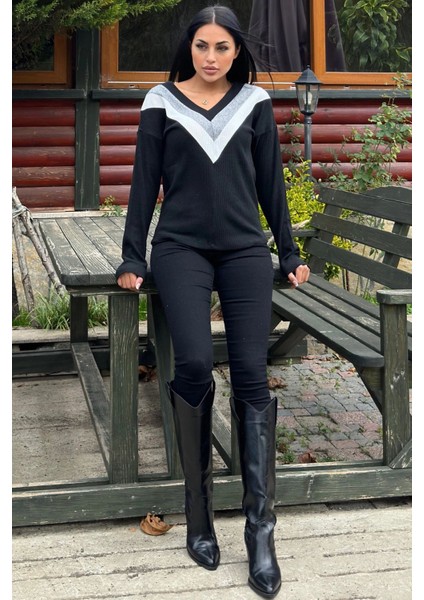 Kadın Siyah Uzun Kollu V Yaka Color Block Pamuklu Bluz Sweatshirt fiyatları