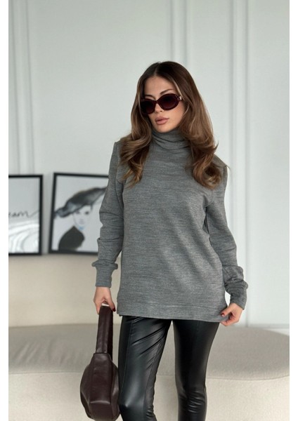 Kadın Gri Bogazlı, Yanları Yırtmaçlı Triko Kazak fiyatları