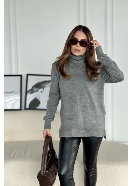 Kadın Gri Bogazlı, Yanları Yırtmaçlı Triko Kazak fırsatları