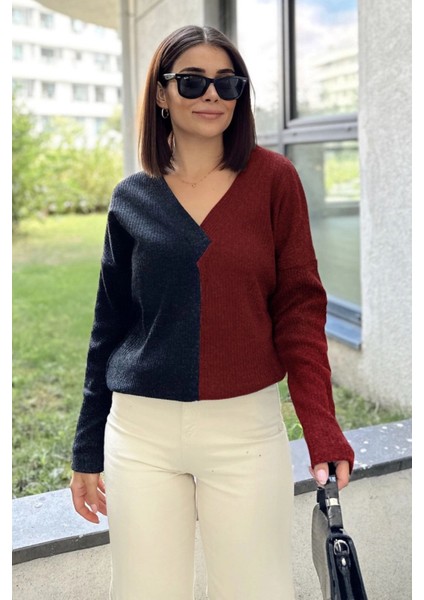 Kadın Antrasit & Bordo Günlük Stil V Yaka Color Block, Uzun Kol Kazak Bluz, Pamuklu Sweatshirt