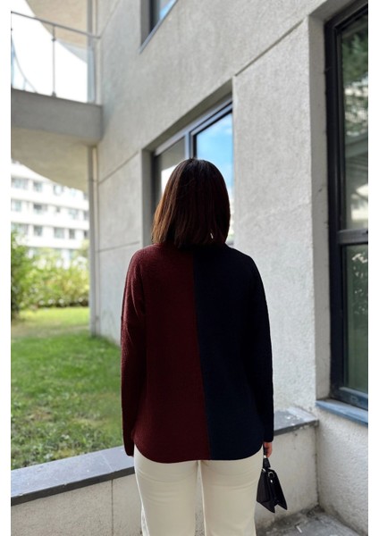 Kadın Antrasit & Bordo Günlük Stil V Yaka Color Block, Uzun Kol Kazak Bluz, Pamuklu Sweatshirt fiyatları