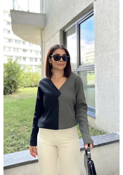 Kadın Antrasit & Haki Günlük Stil V Yaka Color Block, Uzun Kol Kazak Bluz, Pamuklu Sweatshirt fiyatları