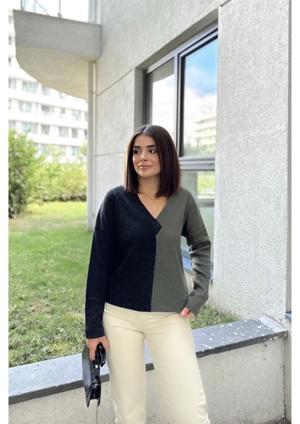 Kadın Antrasit & Haki Günlük Stil V Yaka Color Block, Uzun Kol Kazak Bluz, Pamuklu Sweatshirt fırsatları