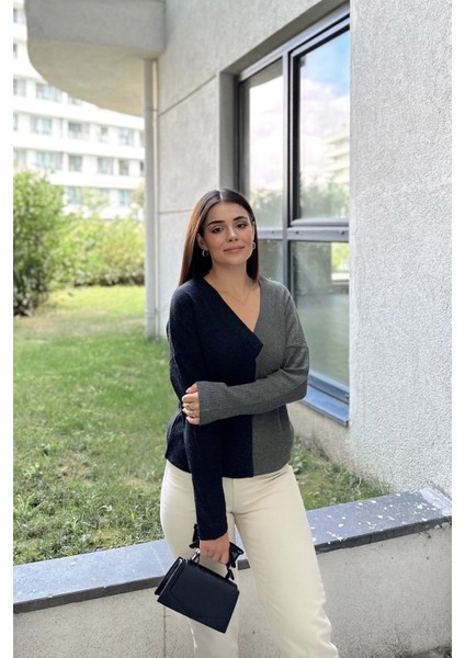 Kadın Antrasit & Haki Günlük Stil V Yaka Color Block, Uzun Kol Kazak Bluz, Pamuklu Sweatshirt indirimleri