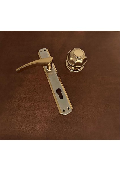 Derya Saten Gold Aynalı Yale Çelik Kapı Kolu Sol Basar Tek Taraf + Tokmak Kapı Babası