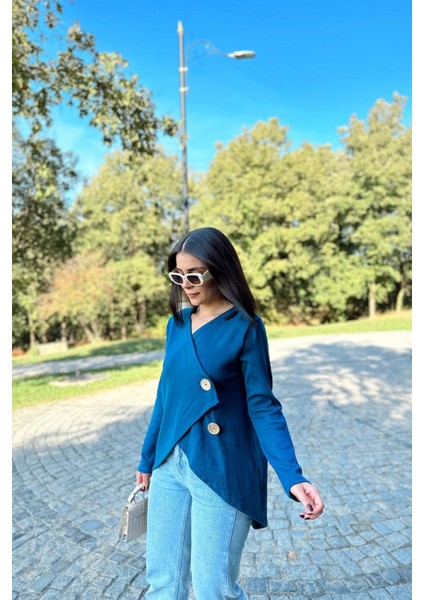 Kadın Indigo Asimetrik Kesim, Düğmeli, Salaş Hırka Bluz fiyatları