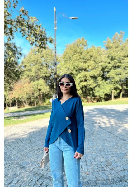 Kadın Indigo Asimetrik Kesim, Düğmeli, Salaş Hırka Bluz fırsatları
