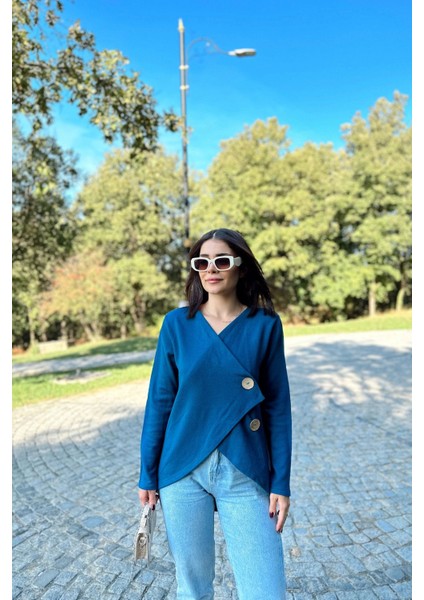Kadın Indigo Asimetrik Kesim, Düğmeli, Salaş Hırka Bluz indirimleri