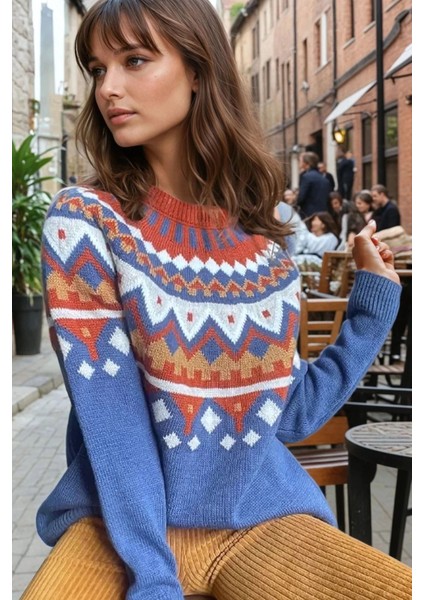 Indigo Kış Temalı Yumuşak Dokulu Oversize Triko Kazak