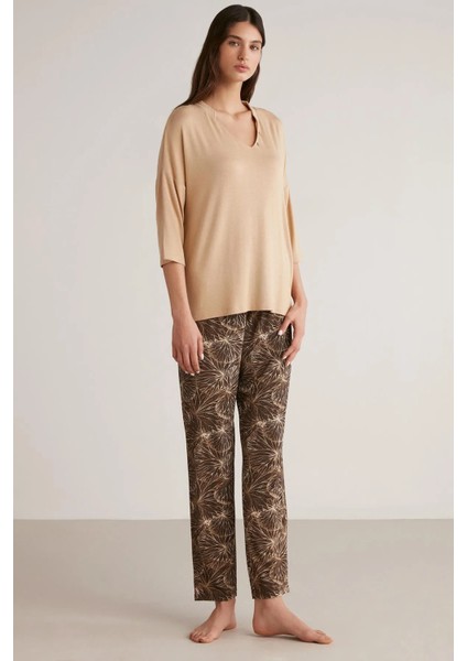 Yumuşak Dokulu Uzun Kol V Yaka Kadın Pijama Takım 9525