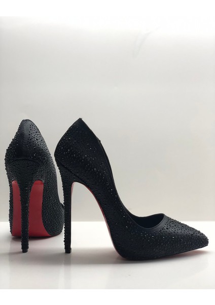 Siyah Saten Taşlı Astarı Deri Gizli Platformlu Stiletto Topuklu Ayakkabı