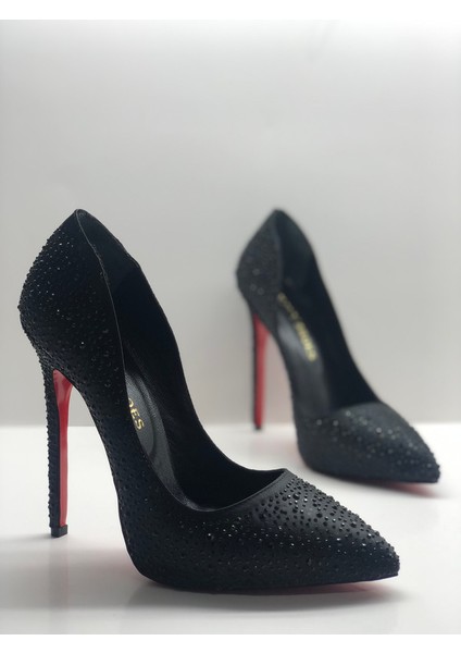 Siyah Saten Taşlı Astarı Deri Gizli Platformlu Stiletto Topuklu Ayakkabı fiyatları