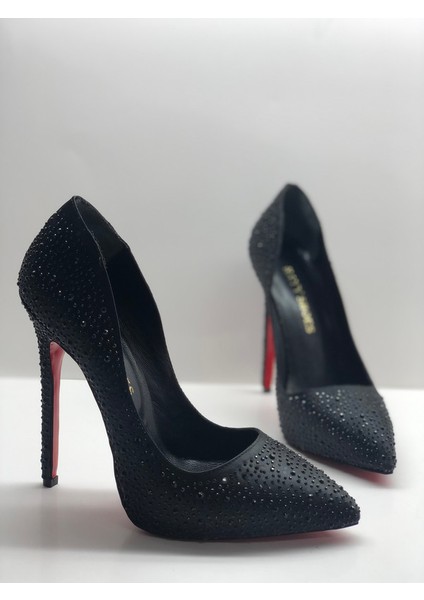 Siyah Saten Taşlı Astarı Deri Gizli Platformlu Stiletto Topuklu Ayakkabı modelleri