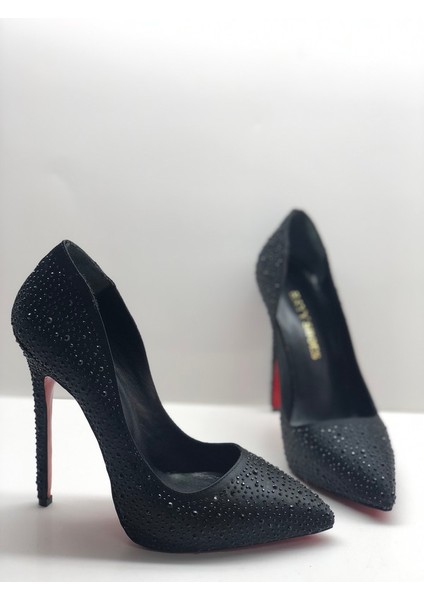 Siyah Saten Taşlı Astarı Deri Gizli Platformlu Stiletto Topuklu Ayakkabı fırsatları