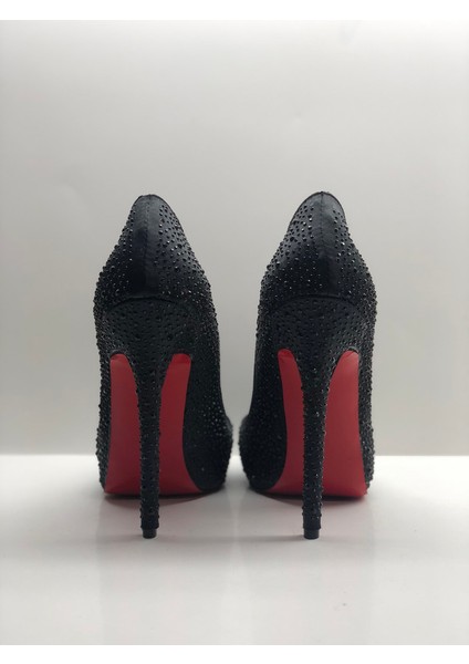 Siyah Saten Taşlı Astarı Deri Gizli Platformlu Stiletto Topuklu Ayakkabı indirimleri