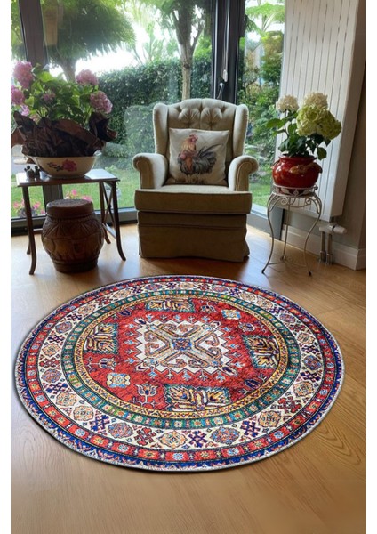 Otantik Kilim Desenli 180 cm Çap Büyük Boy Etnik Yuvarlak Dijital Baskı Halı