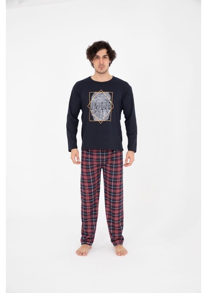 Erkek Ekose Yazlık Uzun Kollu Pamuklu Pijama Takımı