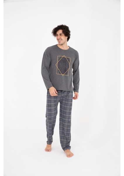 Erkek Ekose Yazlık Uzun Kollu Pamuklu Pijama Takımı