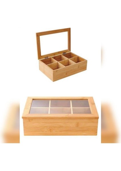6 Bölmeli Ahşap Kapaklı Çay Kutusu Bitki Çayı Kutusu